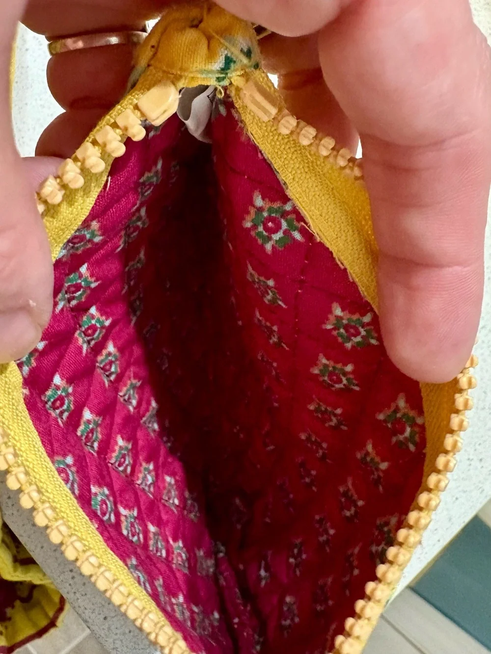 Embroidered Yellow Quilted Wristlet Cosmetic Pouch